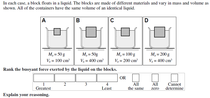 Four floating blocks A to D with given masses and volumes; rank the buoyant force