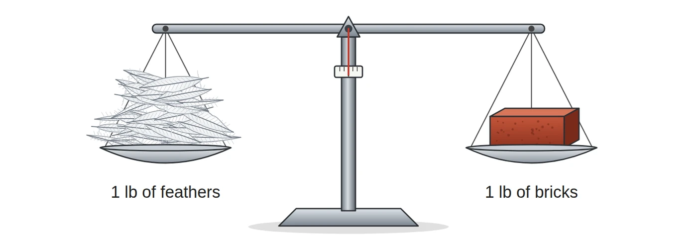 Equal-arm balance, level, with a large pile labeled 1 lb of feathers on one pan and a single brick labeled 1 lb of bricks on the other