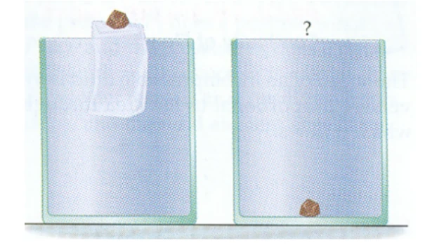A pebble resting on a floating ice cube, before and after melting