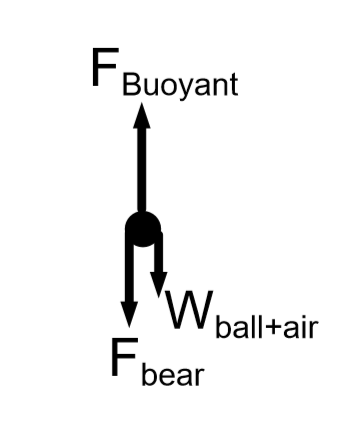 FBD: F buoyant up; W ball plus air and F bear down
