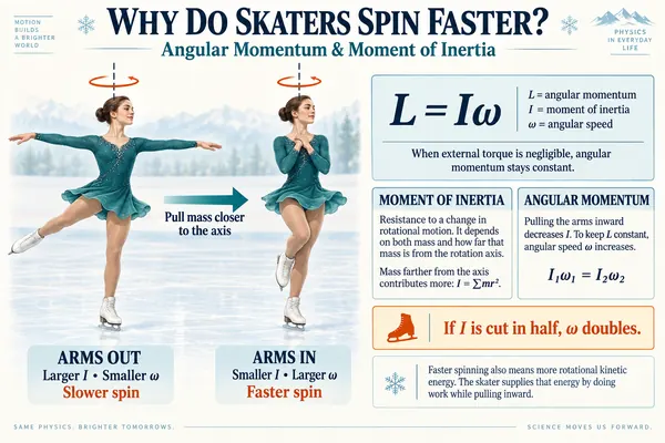 Figure skater with arms out and arms in: pulling mass toward the rotation axis reduces moment of inertia and increases angular speed.