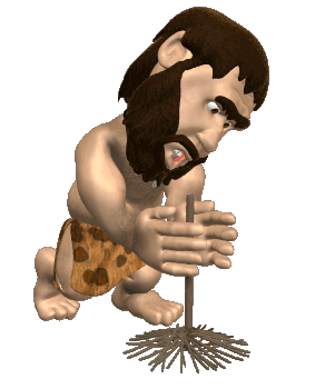 Caveman rubbing sticks together to start a fire