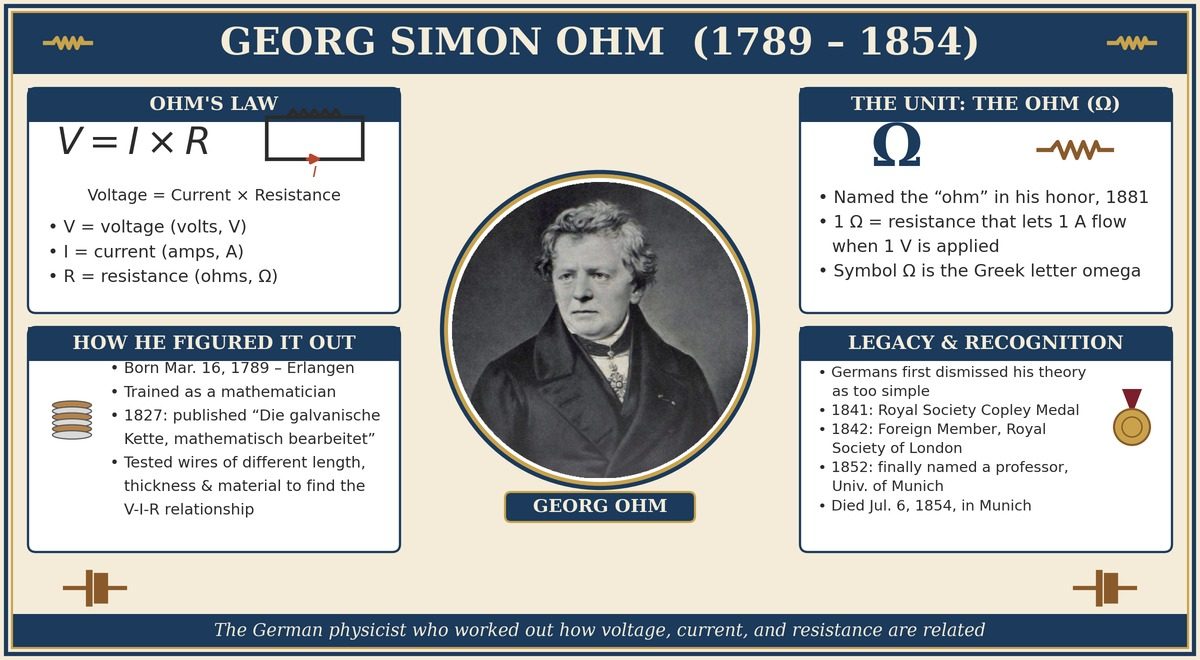 Georg Simon Ohm (1789-1854): portrait, Ohm's Law V=IR, the ohm unit, and his life story