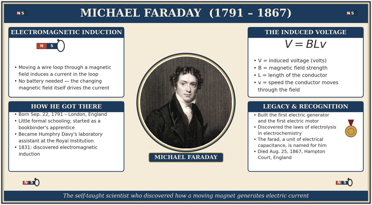 Michael Faraday (1791-1867): electromagnetic induction, the induced voltage V=BLv, and his life story