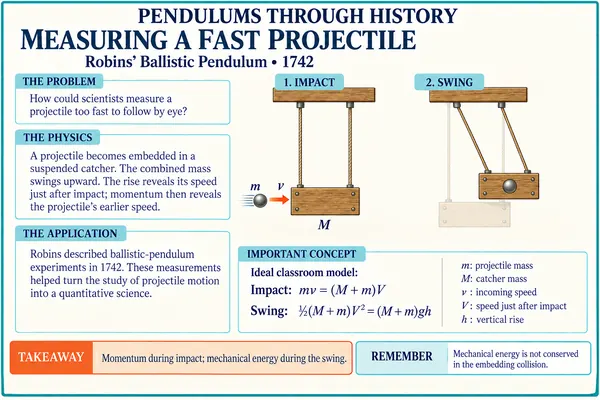 Ballistic pendulum: a projectile embeds in a catcher, then the combined mass swings upward.