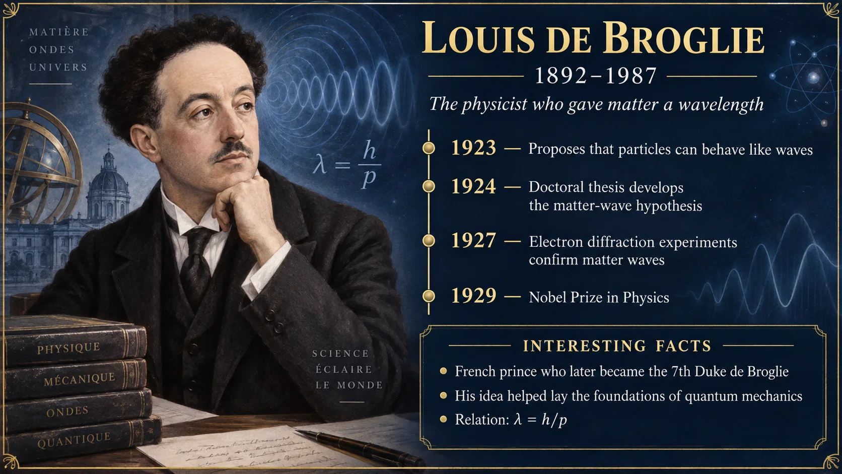 Louis de Broglie timeline showing his matter-wave hypothesis, Nobel Prize, and contributions to quantum mechanics
