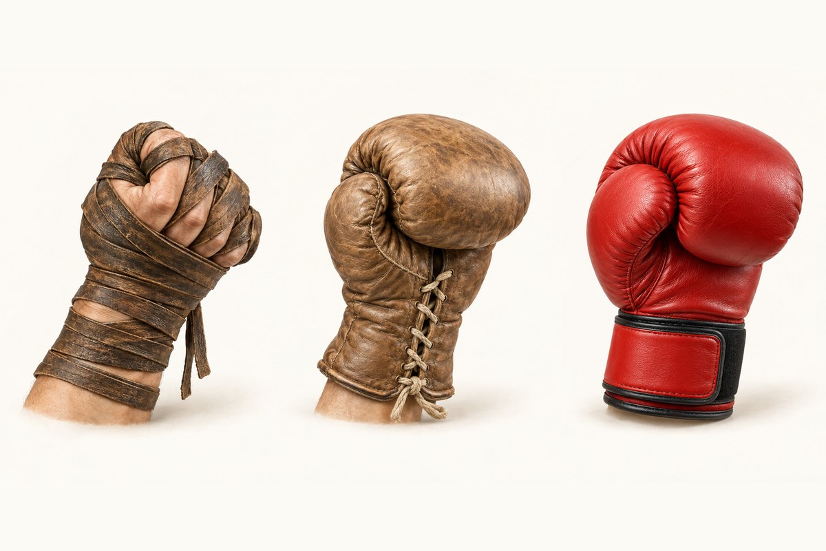 Evolution of hand protection in boxing: a fist wrapped in oxhide strips, an early laced leather glove, and a modern padded red boxing glove