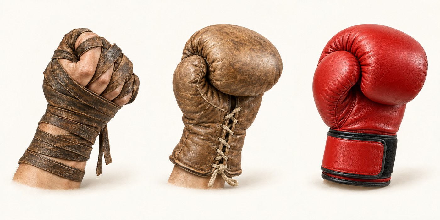 Evolution of hand protection in boxing: a fist wrapped in oxhide strips, an early laced leather glove, and a modern padded red boxing glove
