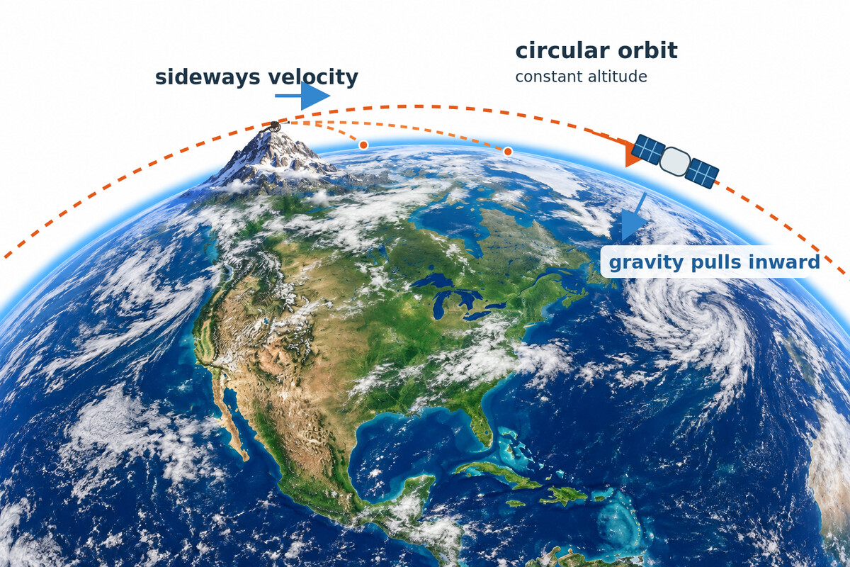 A cannon atop a mountain fires shots that land while a satellite follows a circular orbit as gravity pulls inward