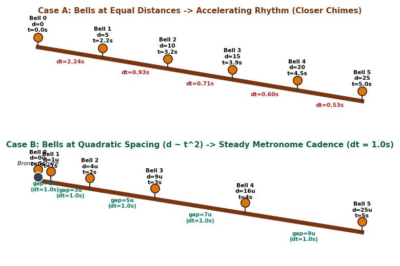Two tilted ramps compared: bells at equal distances ring faster and faster, while bells spaced at 1, 4, 9, 16, and 25 units ring at a steady beat