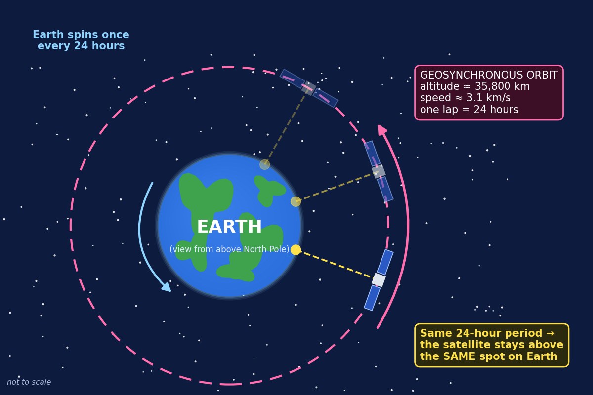View from above the North Pole: a satellite 35,800 km up orbits once every 24 hours, the same time Earth takes to spin, so it stays directly above the same spot on the ground