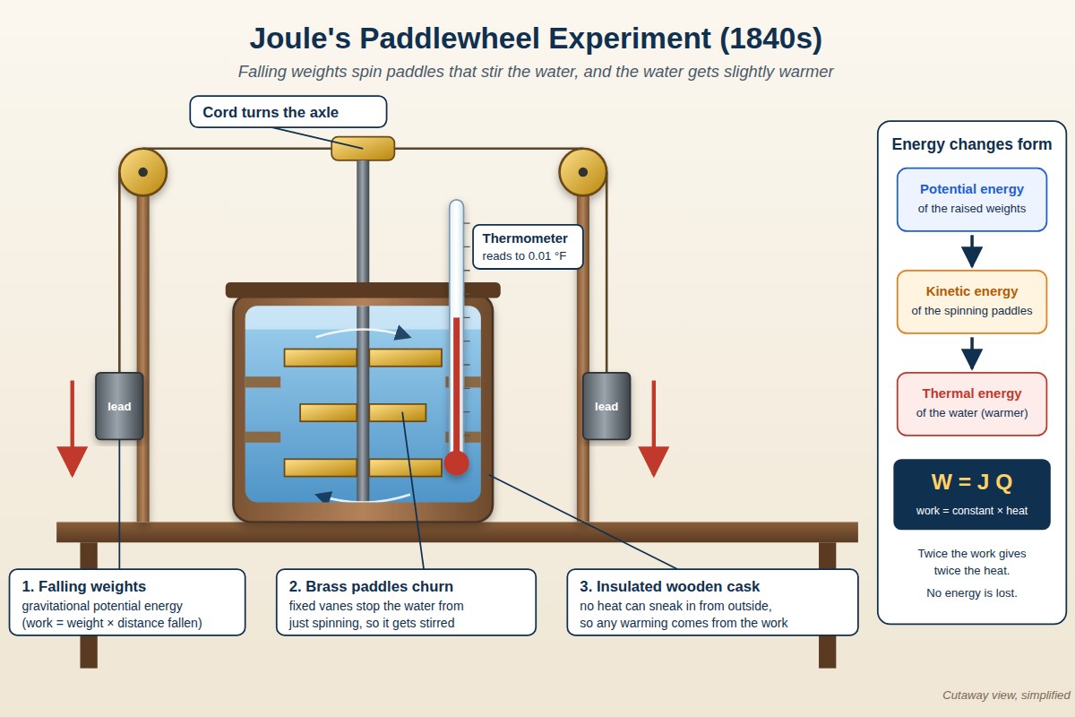 Joule's paddlewheel apparatus: falling weights turn brass paddles inside an insulated cask of water, converting potential energy into kinetic energy and then into thermal energy, W = JQ