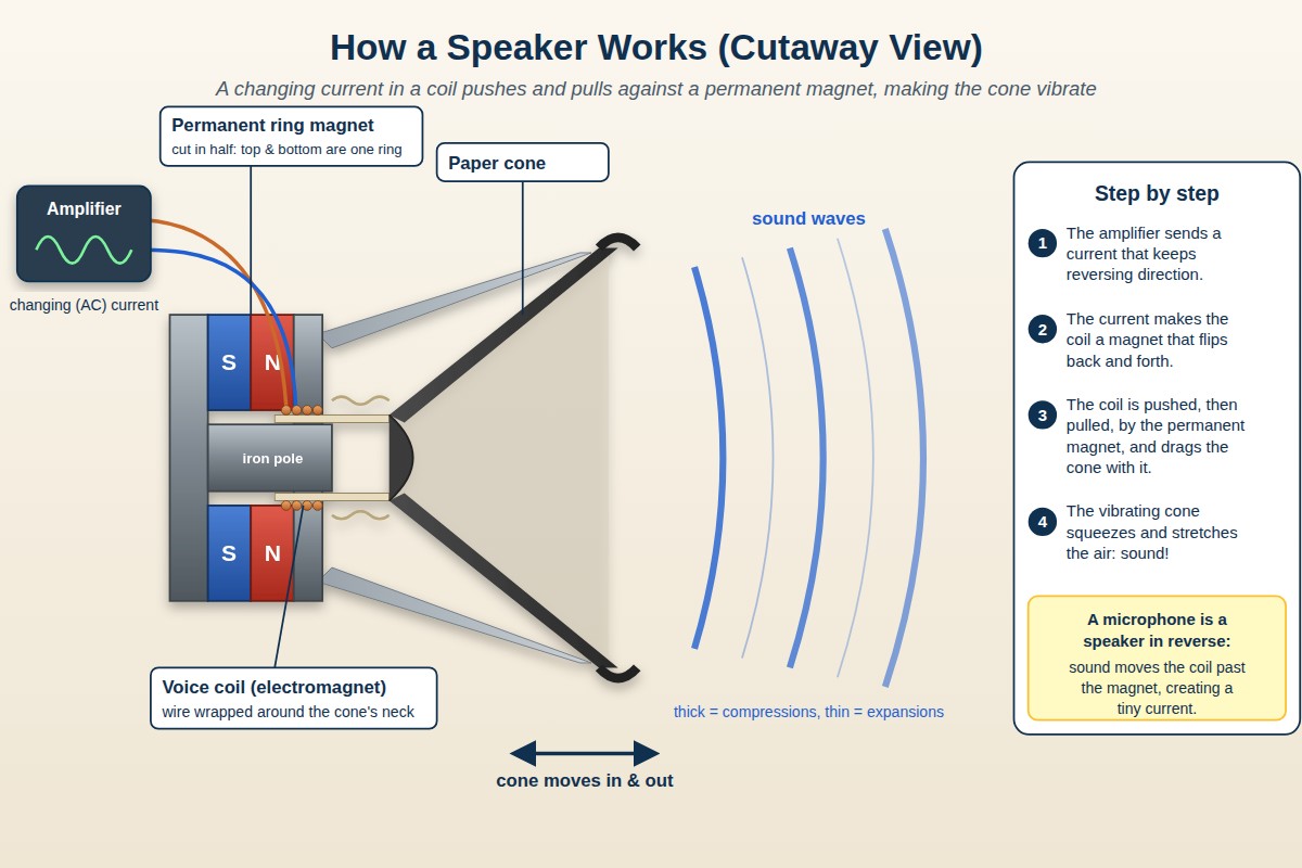 Cutaway of a speaker: an amplifier sends changing current to a voice coil that pushes and pulls against a permanent ring magnet, vibrating the paper cone to make sound waves