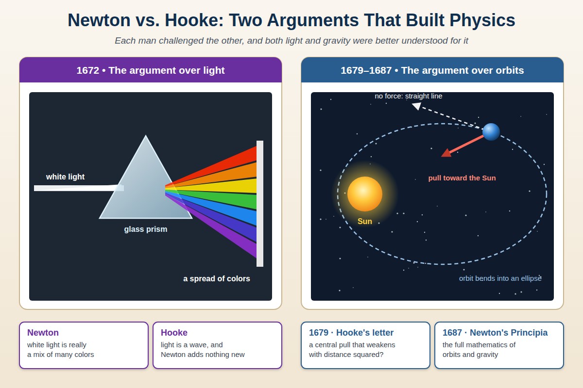 Newton and Hooke's arguments over light and orbits: a prism splitting white light and a planet's orbit bending around the Sun