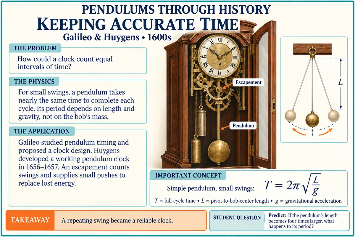 Keeping Accurate Time: Galileo and Huygens, 1600s. A pendulum clock with its escapement and pendulum labeled, a simple pendulum of length L, and the formula T = 2 pi times the square root of L over g