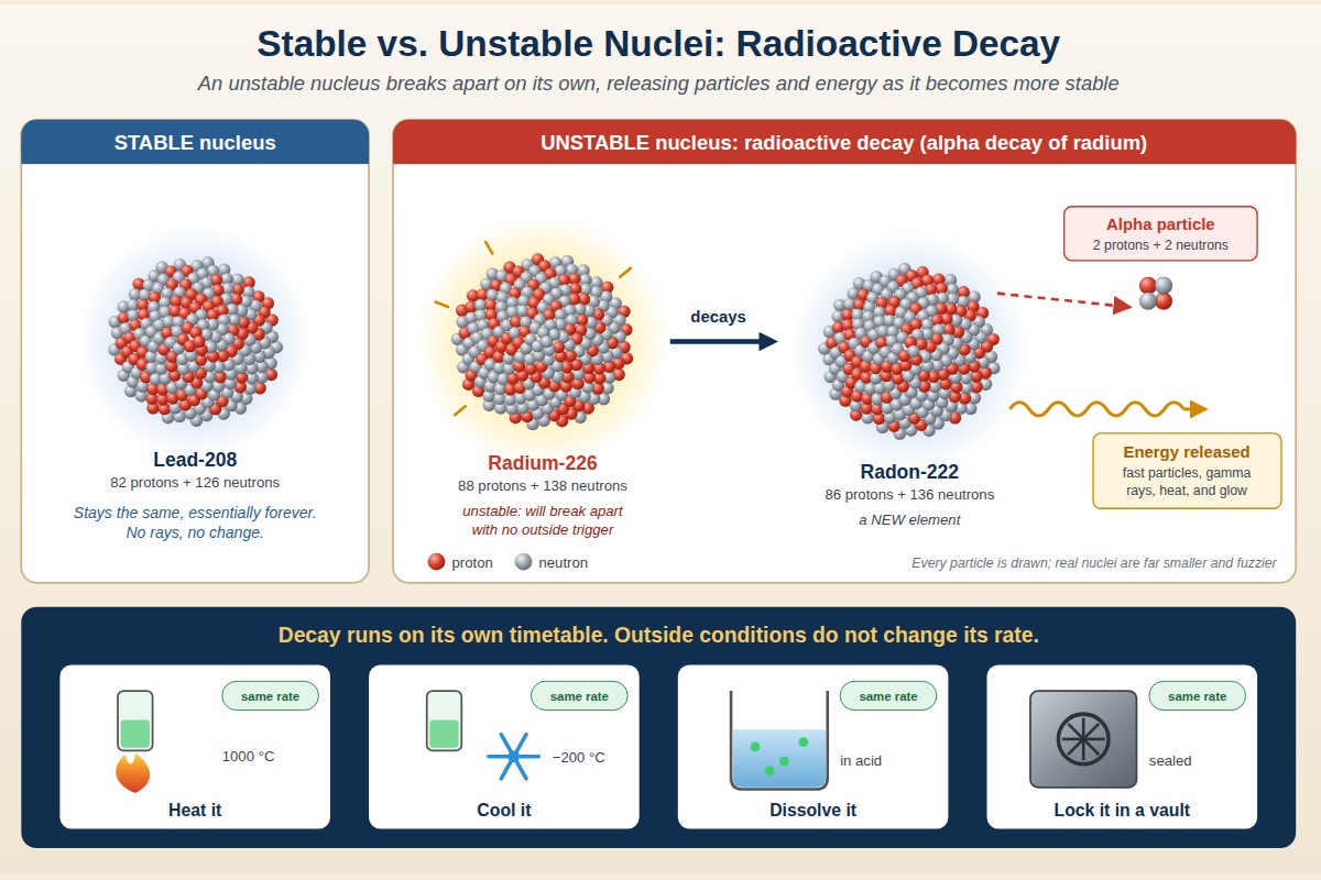 Stable lead-208 nucleus beside an unstable radium-226 nucleus that decays into radon-222, releasing an alpha particle and energy; heating, cooling, dissolving, or sealing the sample does not change the decay rate