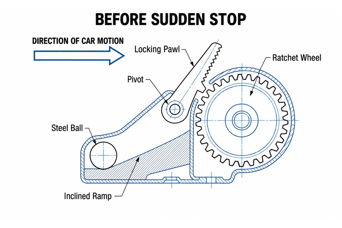 Seatbelt locking mechanism before a sudden stop: a steel ball resting on an inclined ramp below a pivoting locking pawl next to a toothed sprocket