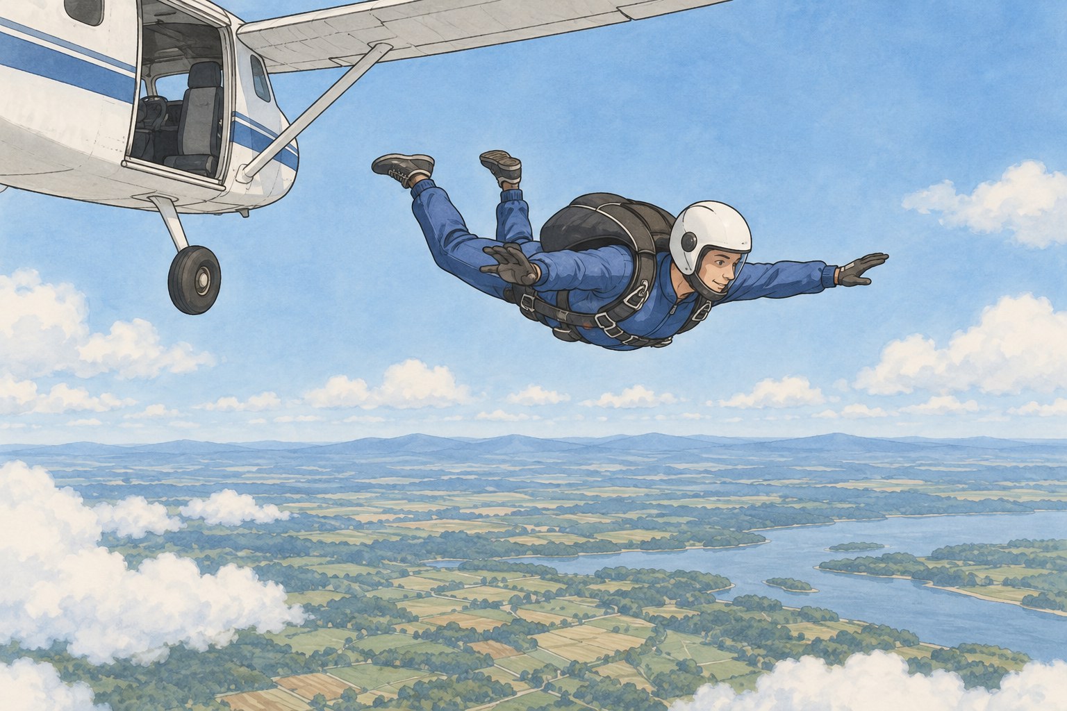 A skydiver in a blue jumpsuit leaps from an open airplane door high above clouds and farmland