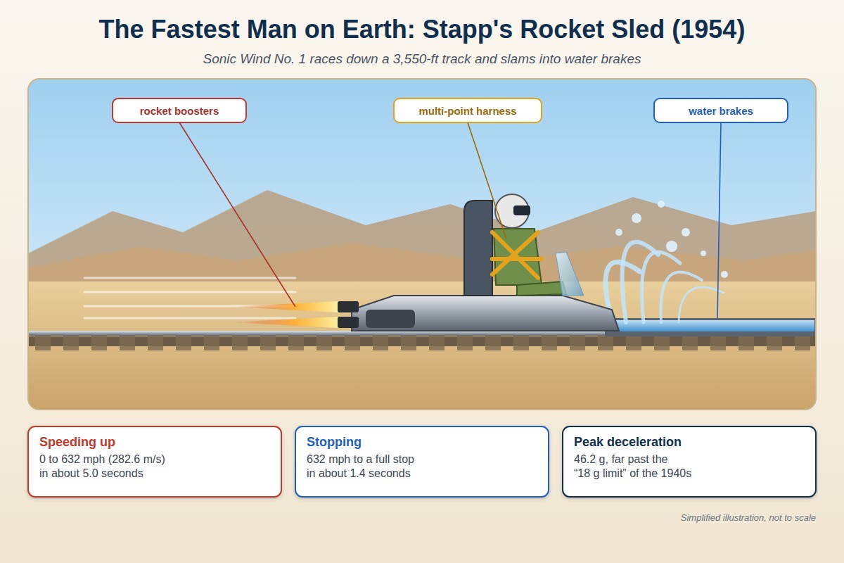John Paul Stapp on the Sonic Wind rocket sled, held by a harness, slamming into water brakes: 632 mph to a stop in about 1.4 seconds, peaking at 46.2 g