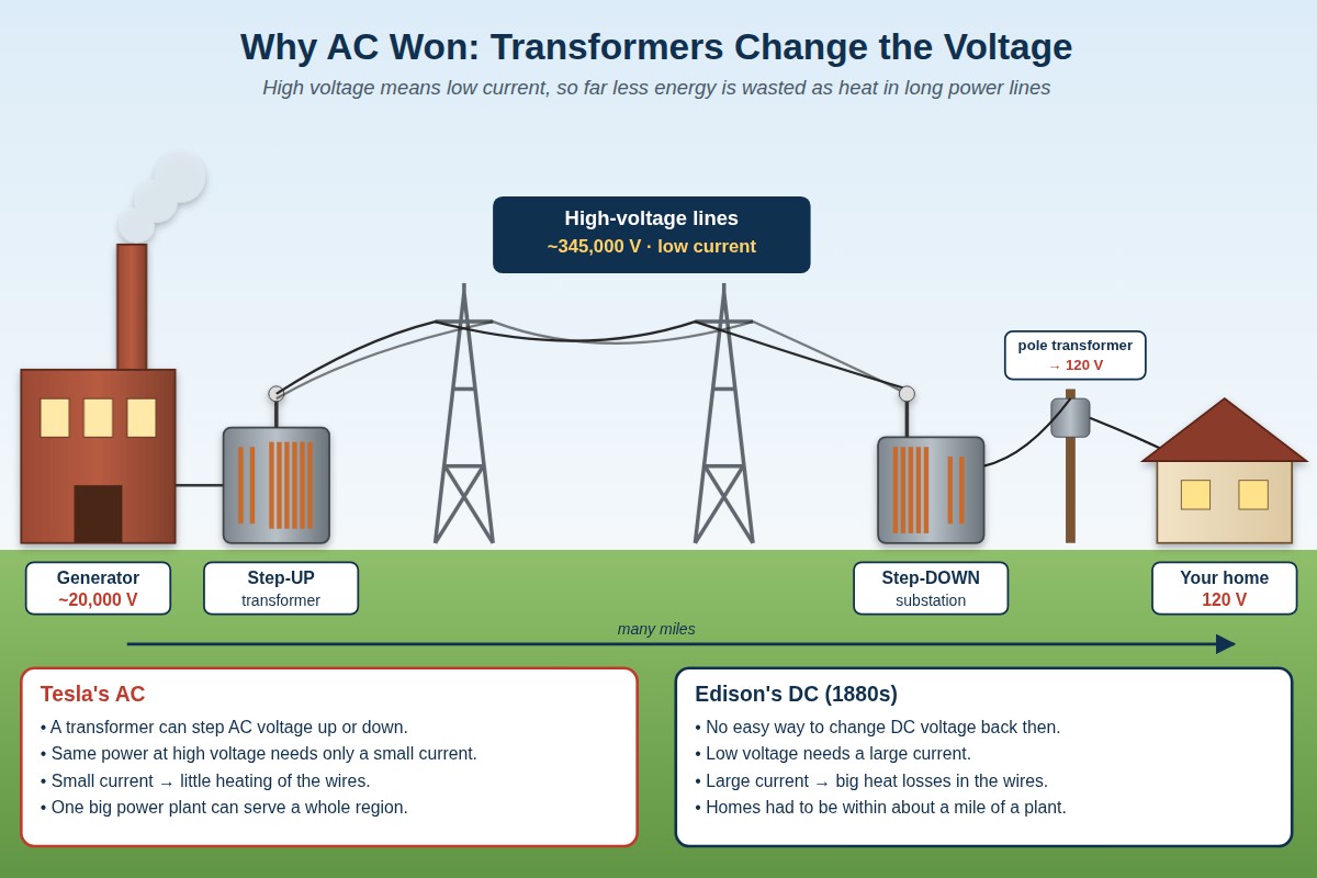 Why AC won: a power plant's voltage is stepped up by a transformer to about 345,000 volts for long-distance lines, then stepped down to 120 volts for homes, compared with Edison's DC system that could only reach about a mile